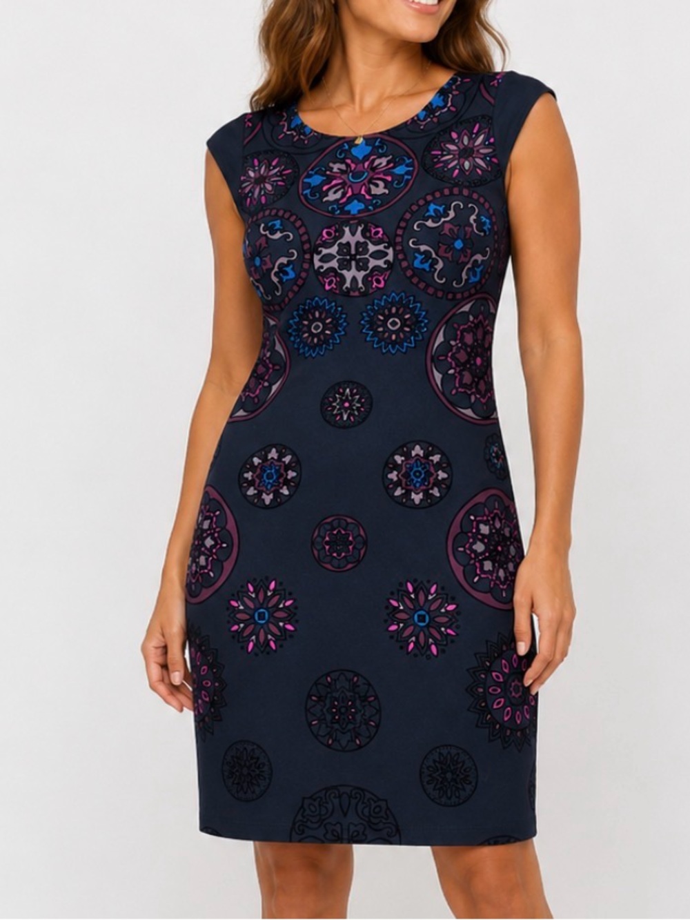 Desigual Cap-Sleeve black Dress with Pink & Blue Medallion Print bodycon SZ XS